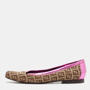 Fendi Brown/Pink Zucca Canvas and Leather Logo Ballet Flats Size 36