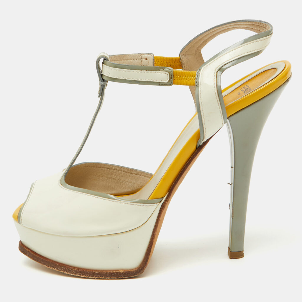 luxury-women-fendi-used-shoes-p1103787-001 Fendi Tri Color Patent Leather T- Strap Fendista Platform Sandals Size 40