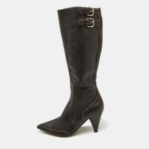 Fendi Dark Brown Leather Buckle Detail Knee Length Boots Size 37