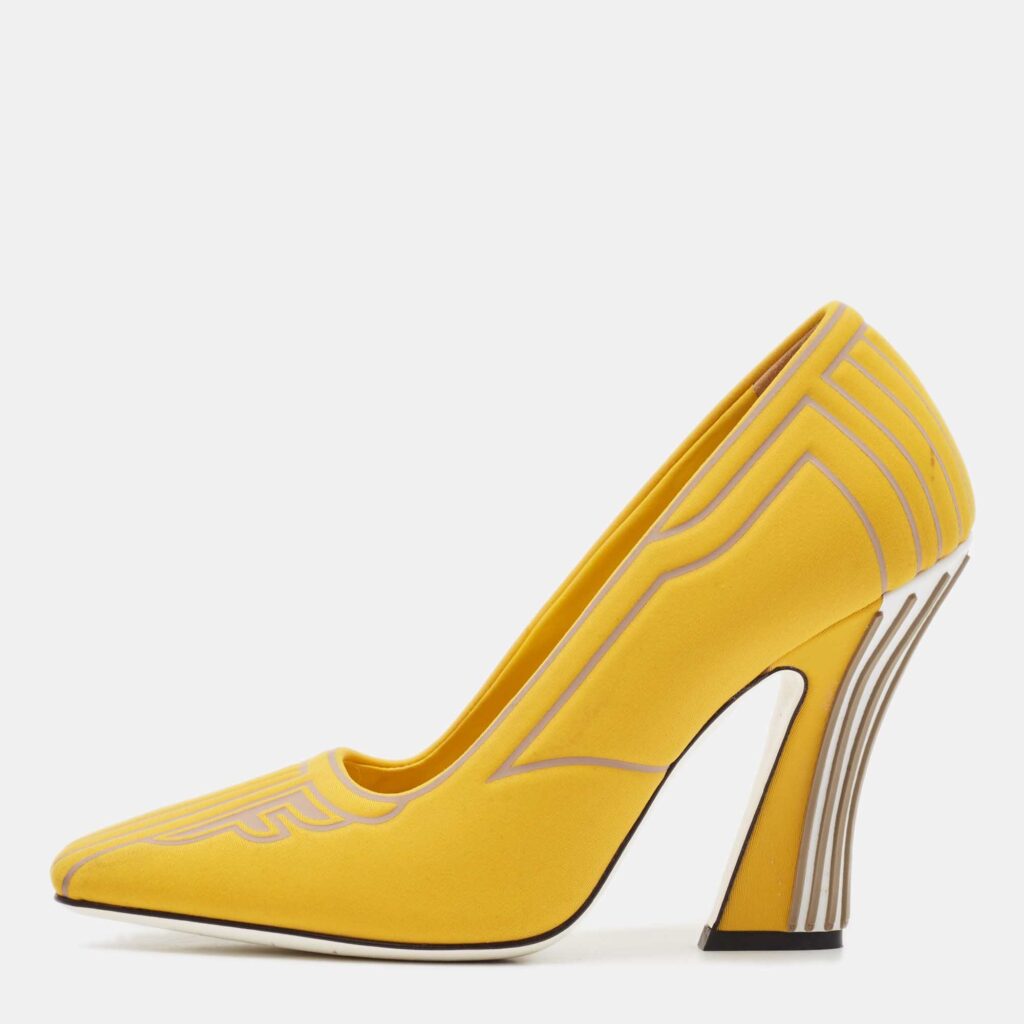 luxury-women-fendi-used-shoes-p1109732-003 Fendi Yellow Fabric F Freedom Block Heel Pumps Size 38