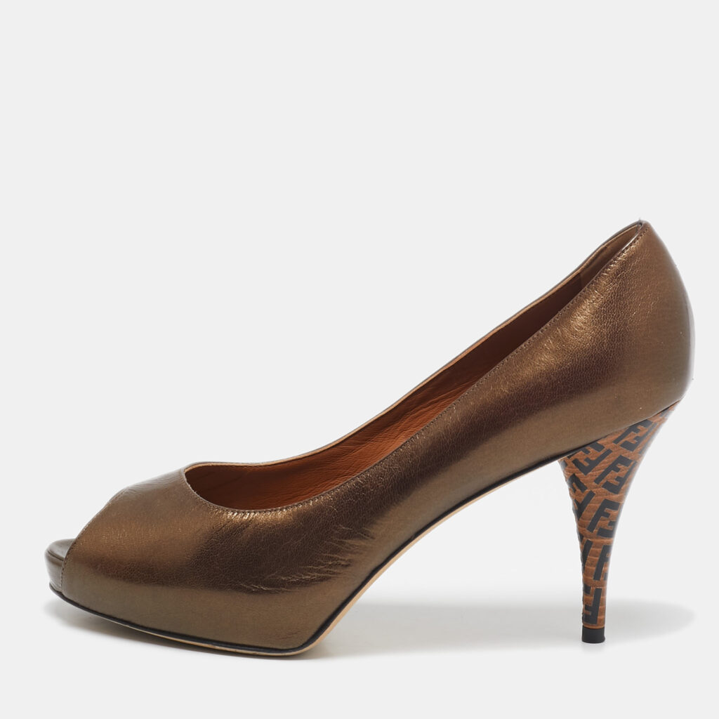 luxury-women-fendi-used-shoes-p1112965-001 Fendi Bronze Leather Zucca Print Heel Peep Toe Pumps Size 40