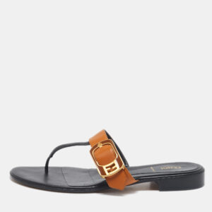 Fendi Brown/Black Leather Buckle Thong Slide Flats Size 40