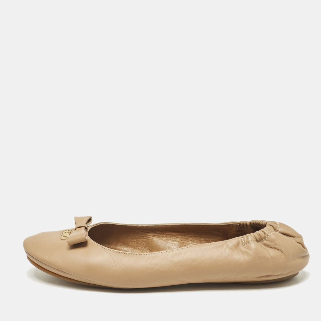 luxury-women-fendi-used-shoes-p1121448-003 Fendi Beige Leather Let's Dance Bow Ballet Flats Size 39