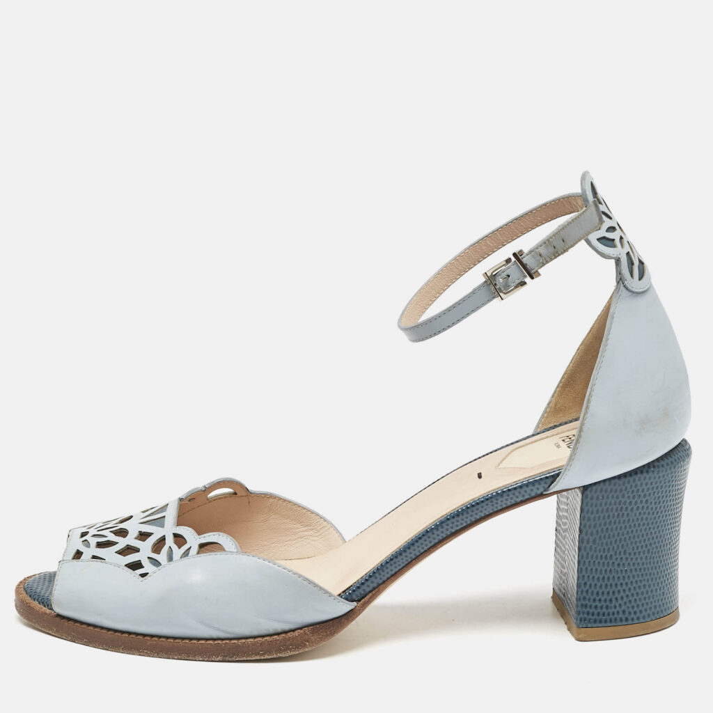 luxury-women-fendi-used-shoes-p1139858-010 Fendi Two Tone Blue Leather Cut Out Ankle Strap Sandals Size 41