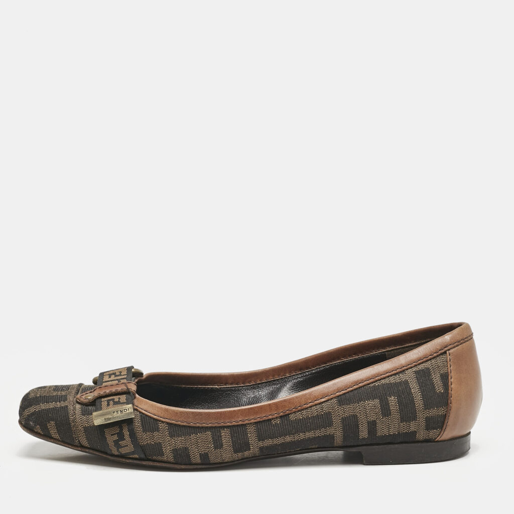 luxury-women-fendi-used-shoes-p1141774-003 Fendi Tobacco Zucca Canvas And Patent Trim Ballet Flats Size 36.5
