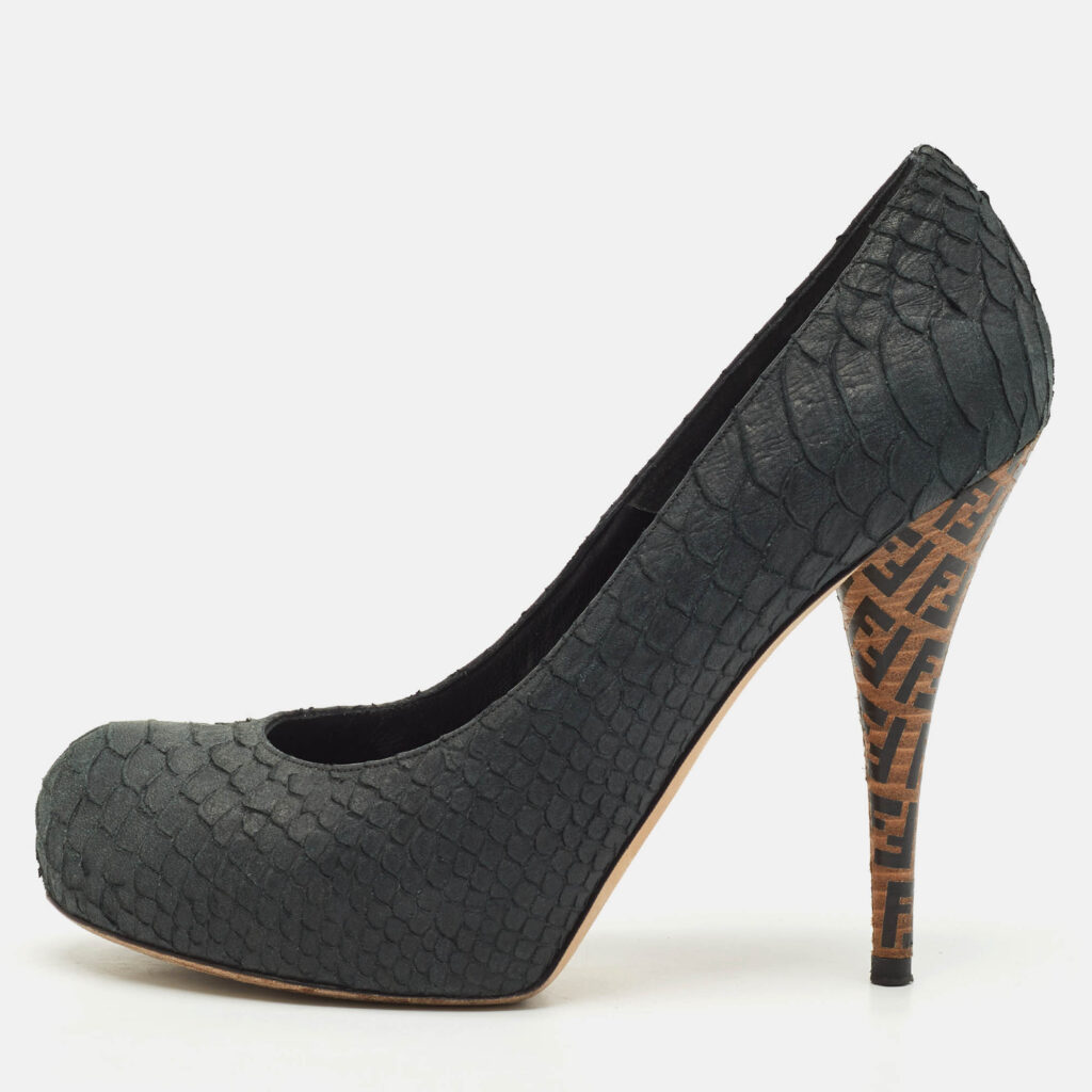 luxury-women-fendi-used-shoes-p1142684-010 Fendi Dark Grey Python Embossed Leather Superstar Platform Pumps Size 38