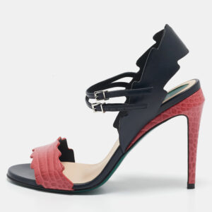 Fendi Black/Pink Croc Embossed and Leather Ankle Strap Sandals Size 36.5