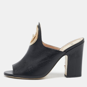 Fendi Black Leather F Logo Heel Mules Size 38