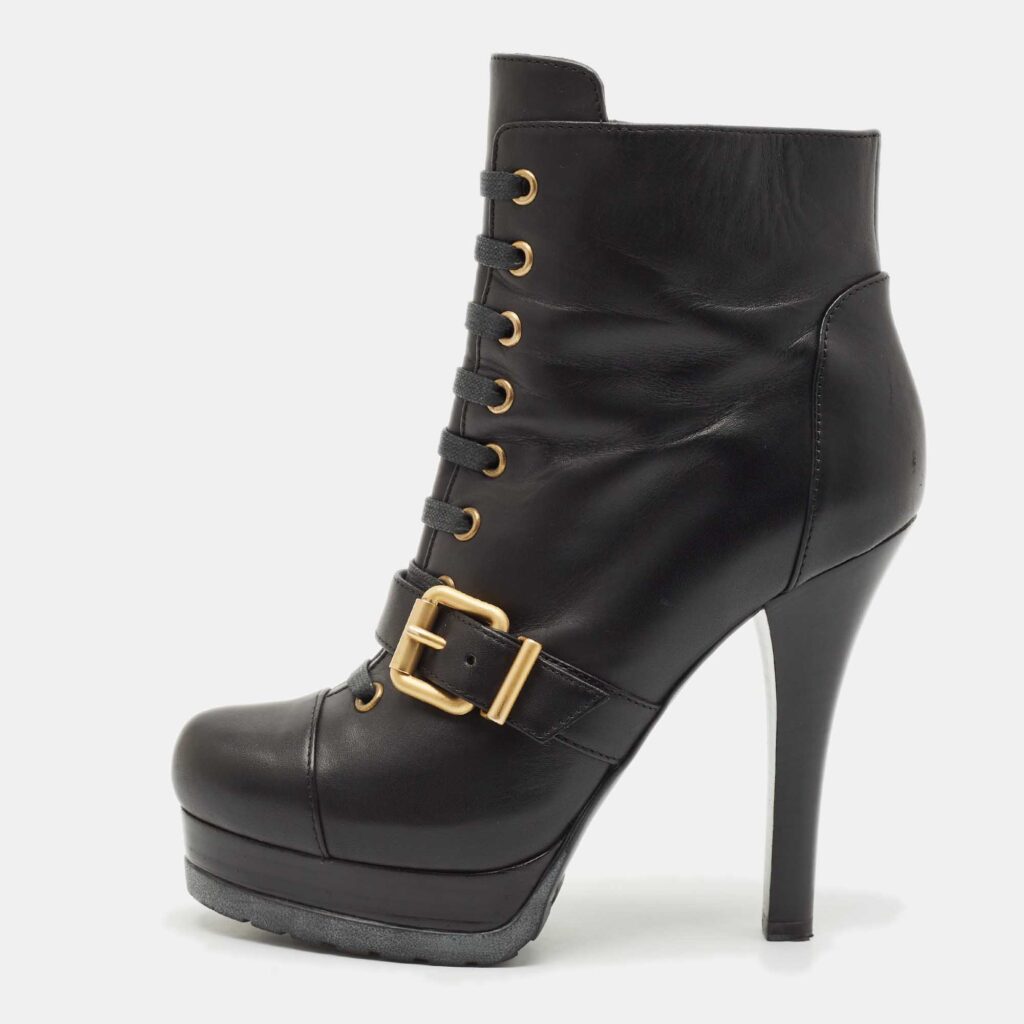 Fendi Black Leather Lace Up Ankle Length Boots Size 36