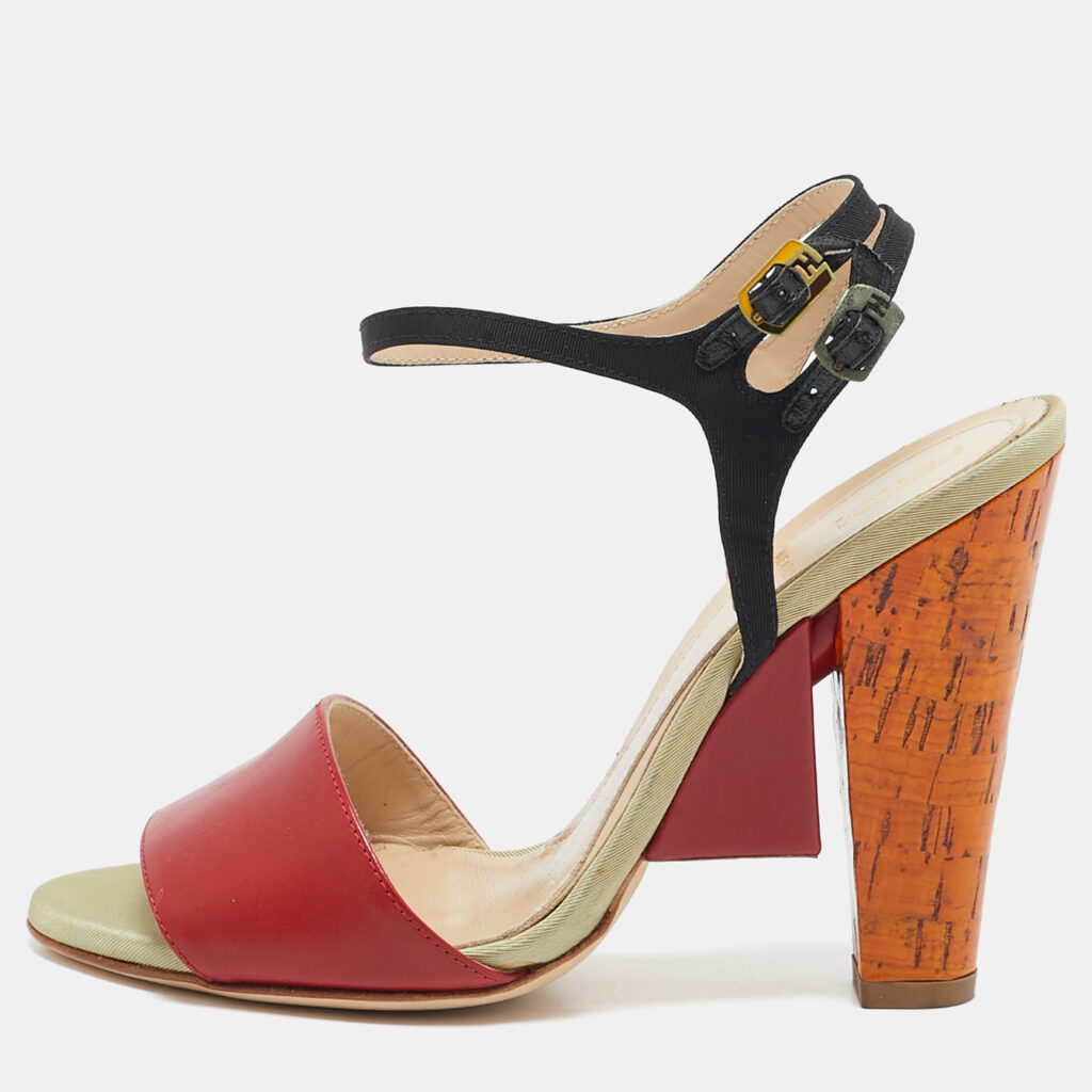 Fendi Multicolor Fabric and Leather Fantasia Ankle Strap Sandals Size 36