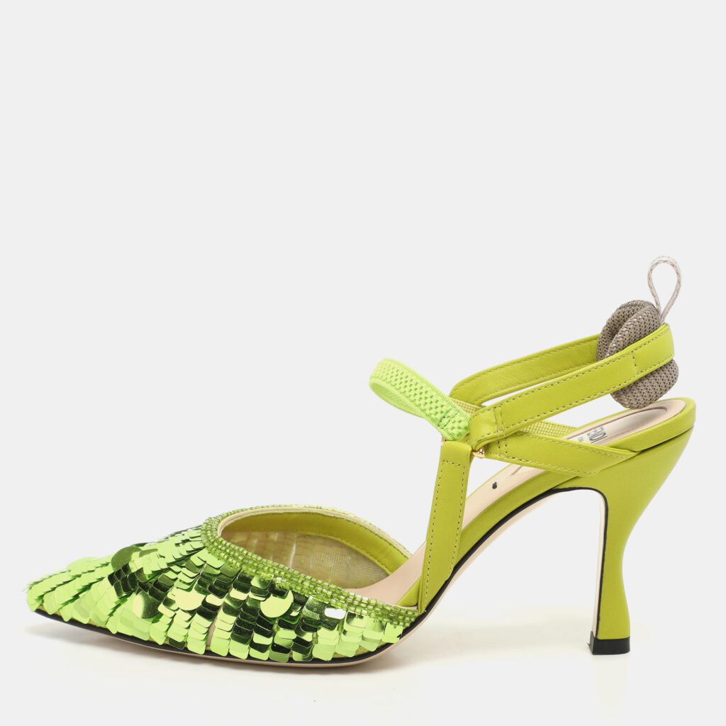 luxury-women-fendi-used-shoes-p1145838-008 Fendi Green Leather and Sequins Embellished Colibri Lite Pumps Size 36