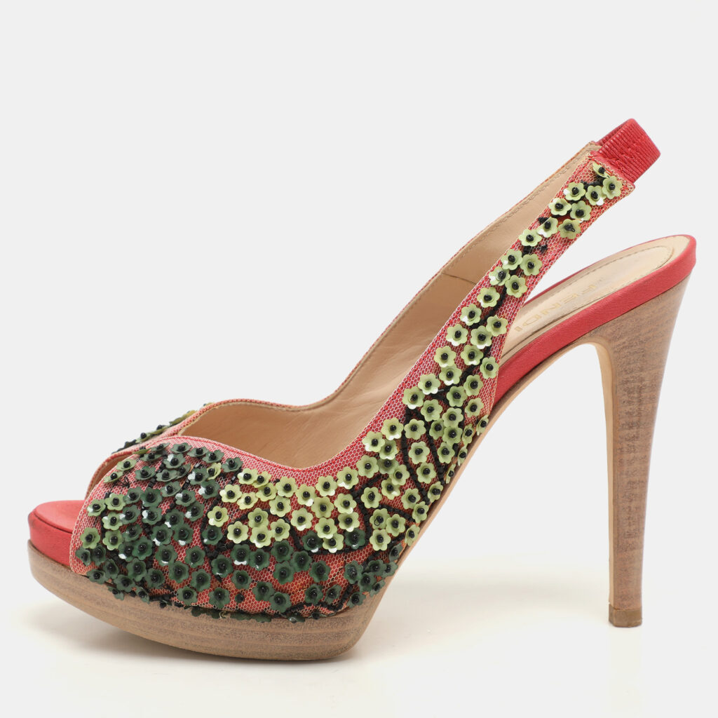 luxury-women-fendi-used-shoes-p1145912-007 Fendi Pink/Green Mesh Embellished Peep Toe Slingback Pumps Size 36