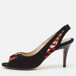 Fendi Black/Red Suede and Grosgrain Slingback Sandals Size 36