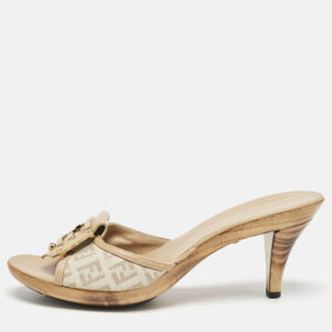 Fendi Beige Zucchino Canvas and Leather FF Buckle Slide Sandals Size 38.5