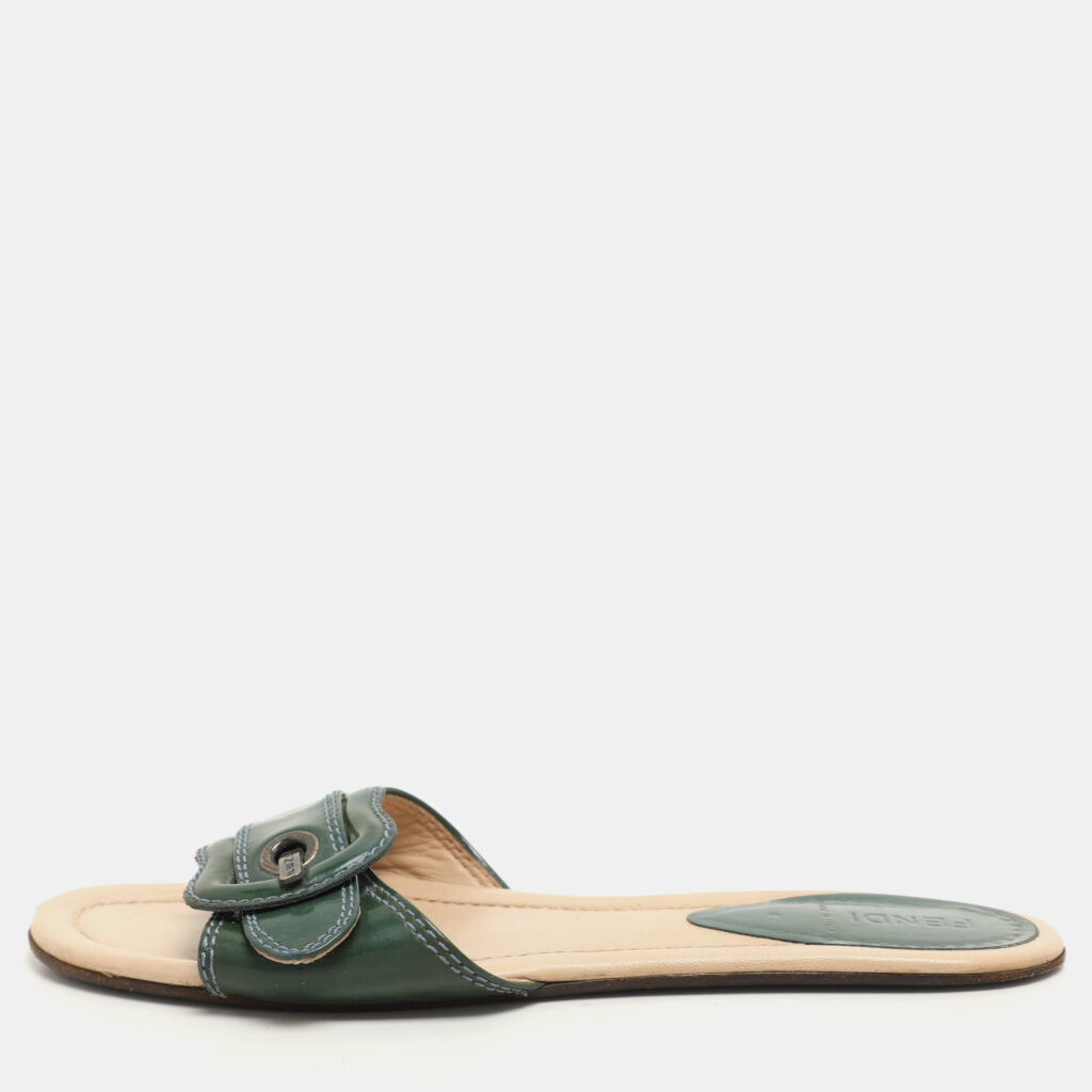 luxury-women-fendi-used-shoes-p1148421-004 Fendi Green Patent Leather Buckle Flat Slides Size 37