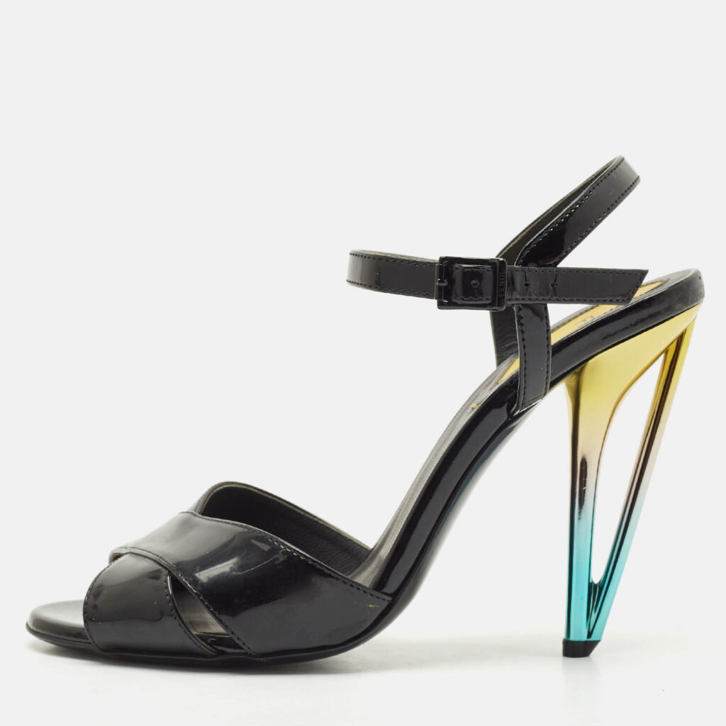 Fendi Black Patent Leather Ankle Strap Sandals Size 37.5