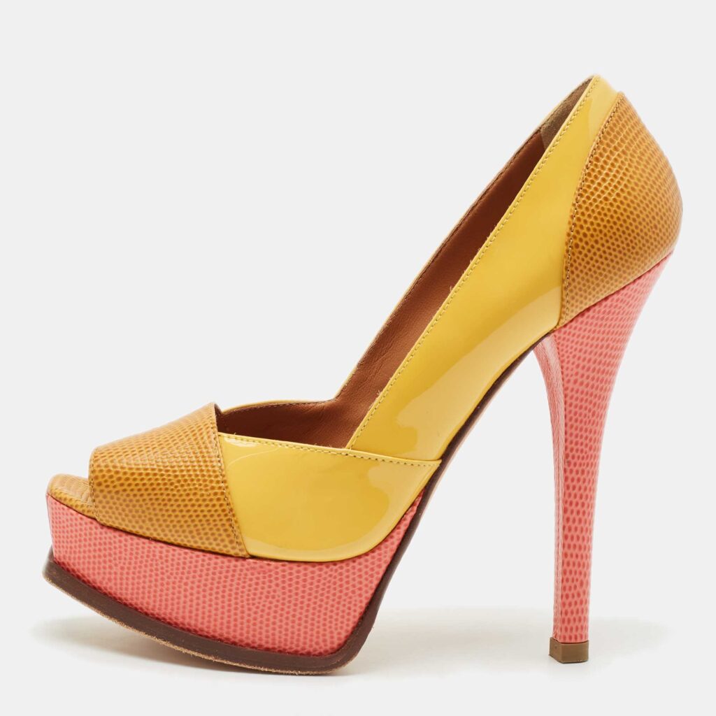luxury-women-fendi-used-shoes-p1149257-003.jpg Fendi Yellow/Pink Patent and Lizard Embossed Leather Fendista Peep Toe Platform Pumps Size 37.5