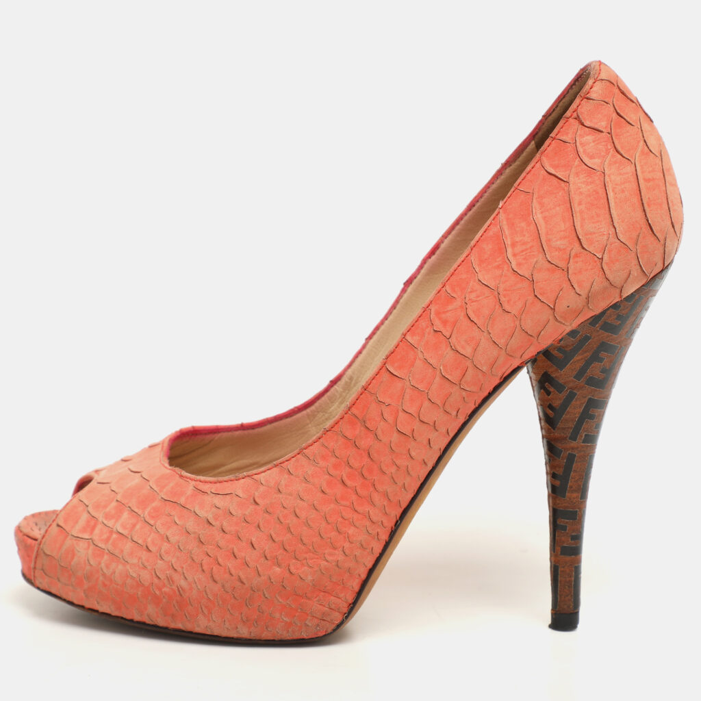 luxury-women-fendi-used-shoes-p1149395-007 Fendi Orange Python Embossed Leather Peep Toe Platform Pumps Size 36