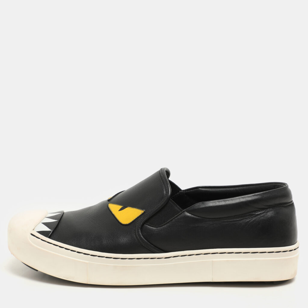 Fendi Black Leather Monster Slip On Sneakers Size 38.5