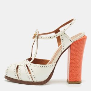 Fendi White/Orange Lizard Embossed and Patent Leather Cut Out T-Strap Sandals Size 38