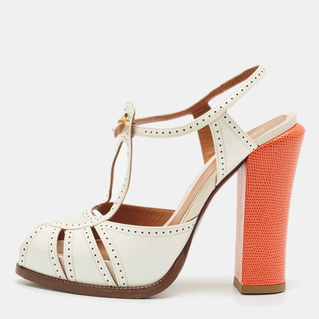 luxury-women-fendi-used-shoes-p1150049-003 Fendi White/Orange Lizard Embossed and Patent Leather Cut Out T-Strap Sandals Size 38