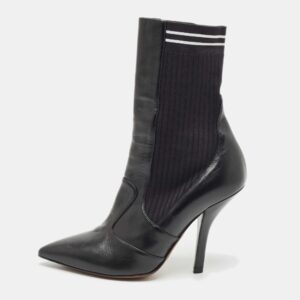 Fendi Black Leather And Stretch Knit Fabric Rockoko Ankle Boots Size 38.5