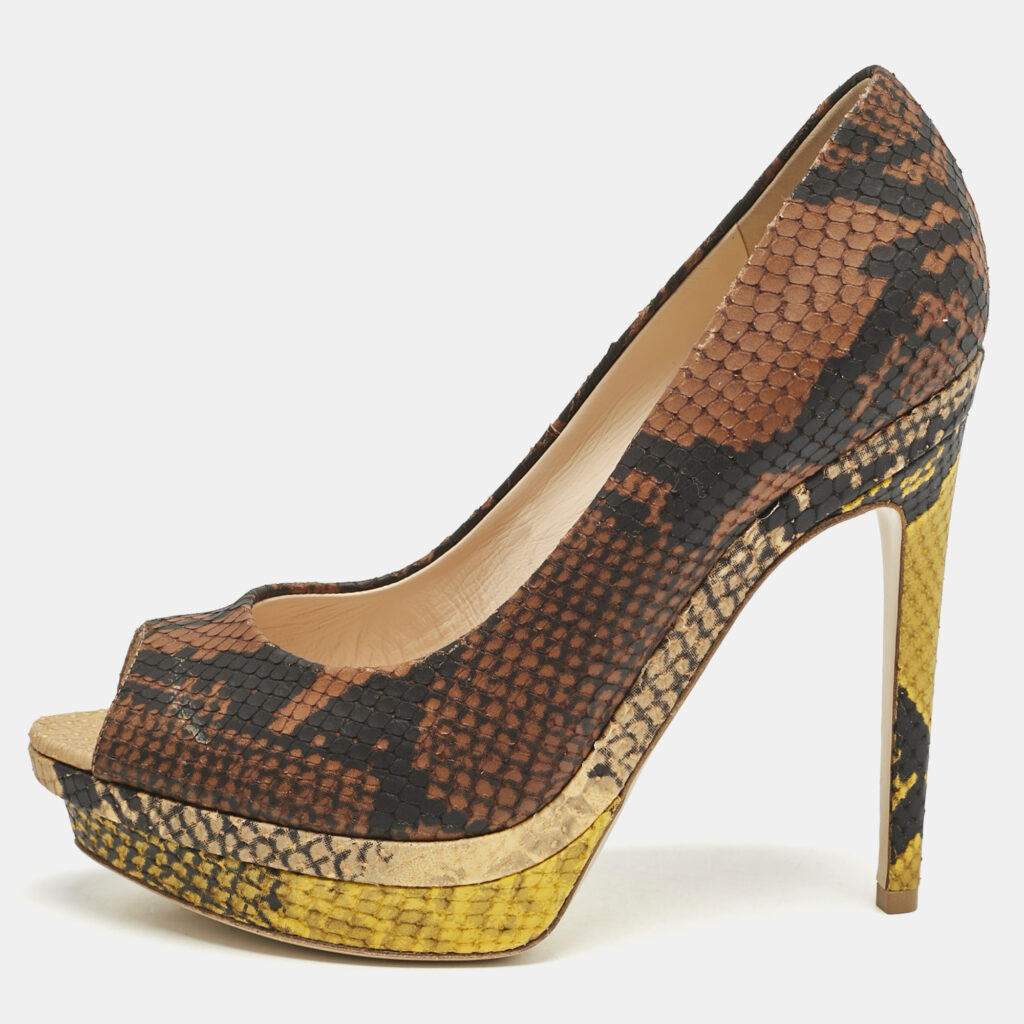 luxury-women-fendi-used-shoes-p1154574-001 Fendi Brown Python Embossed Leather Peep Toe Platform Pumps Size 37.5