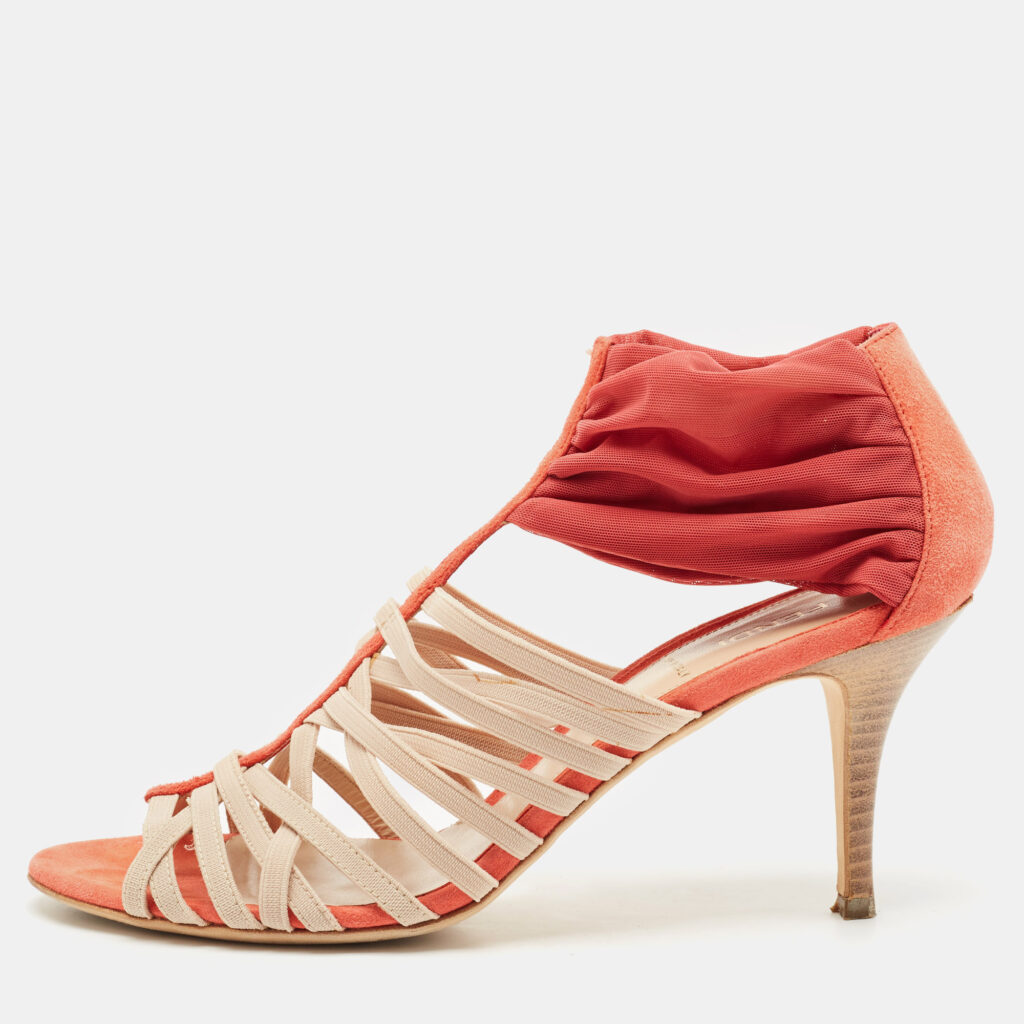 luxury-women-fendi-used-shoes-p1154927-009 Fendi Red/Beige Suede And Elastic Strappy Sandals Size 38