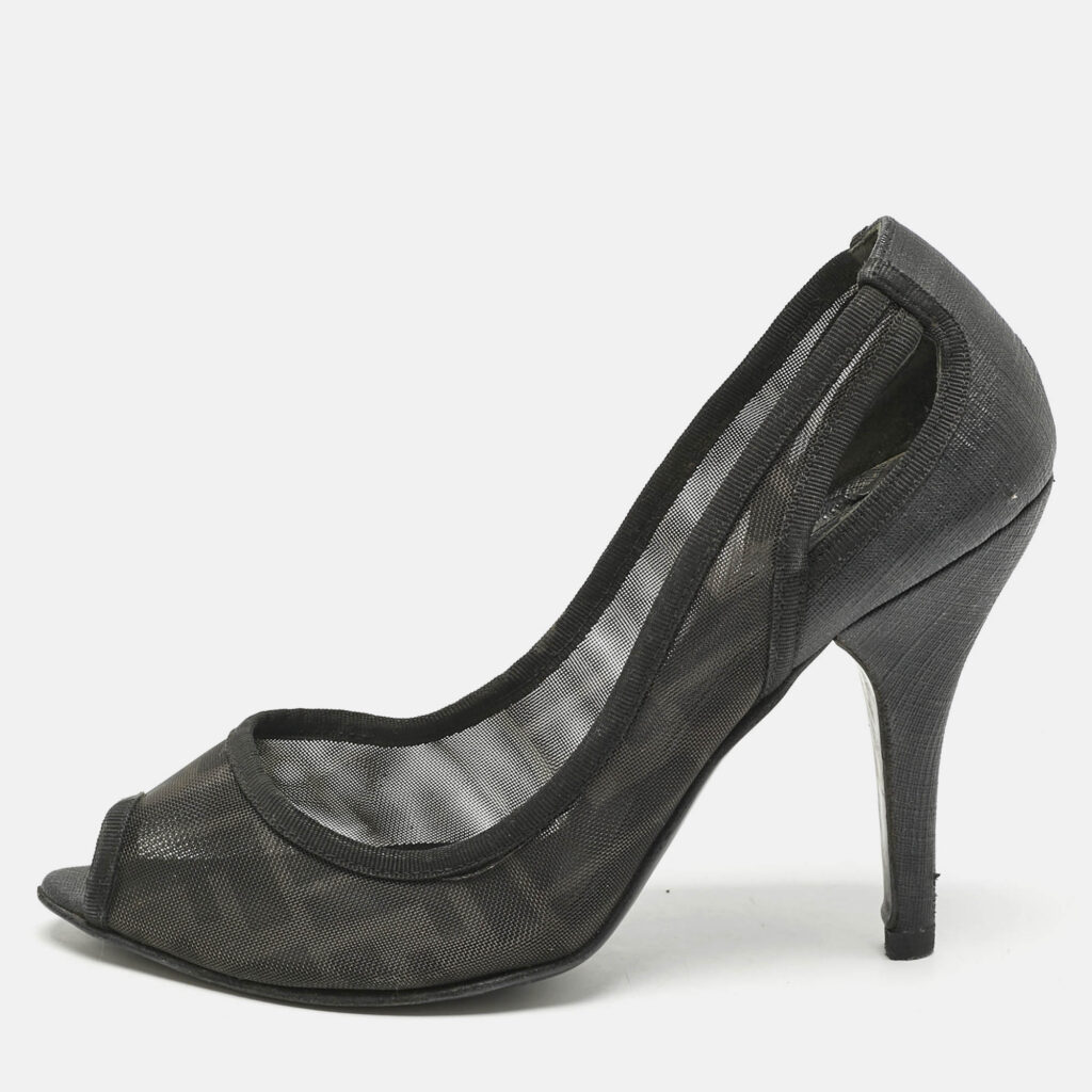 luxury-women-fendi-used-shoes-p1155912-010 Fendi Black Zucca Mesh and Coated Fabric Peep Toe Pumps Size 37