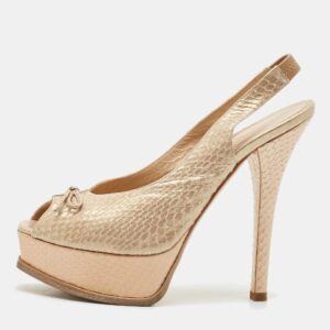 Fendi Beige Python Leather Fendista Peep Toe Platform Slingback Pumps Size 39