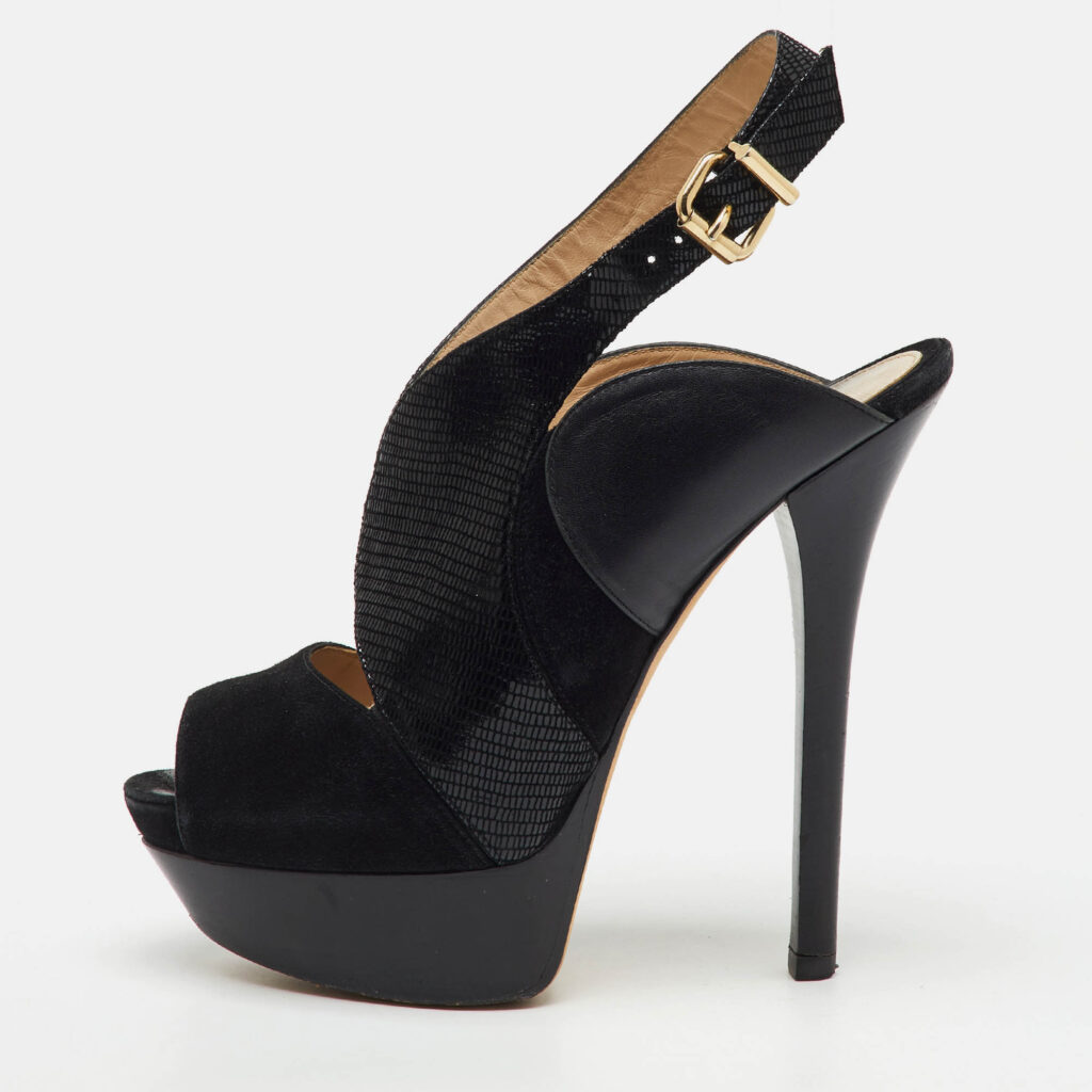 luxury-women-fendi-used-shoes-p1163579-010 Fendi Black Suede and Leather Peep Toe Platform Slingback Pumps Size 39.5