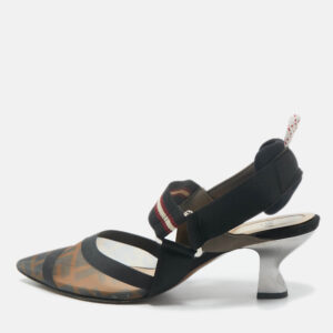 fendi brown/black zucca mesh and canvas colibri slingback pumps size 38