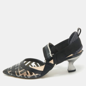 Fendi Black Leather and Zucca PVC Colibri Slingback Pumps Size 37