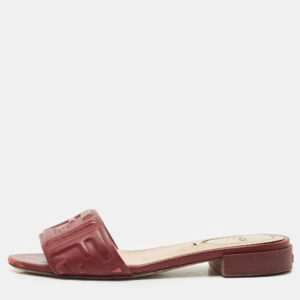 Fendi Burgundy FF Embossed Leather Slide Sandals Size 36