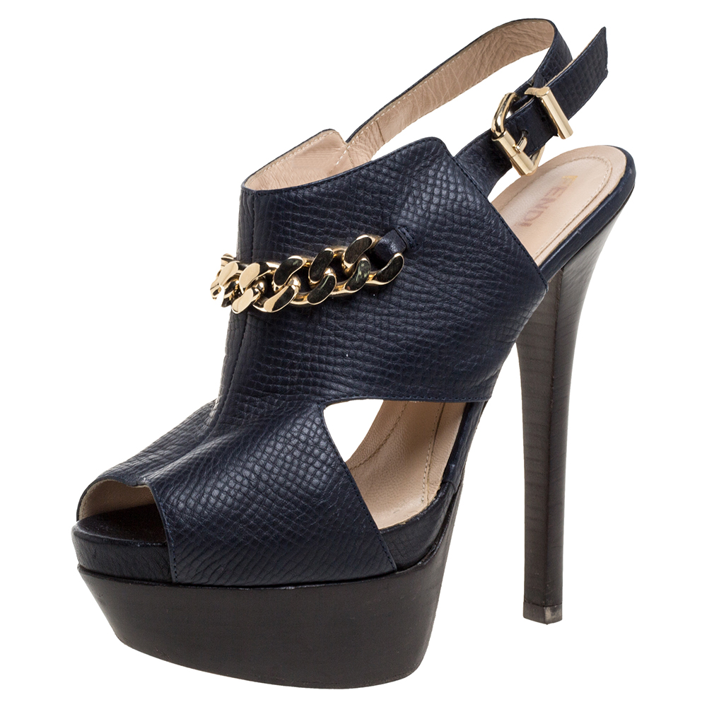 luxury-women-fendi-used-shoes-p361015-004 Fendi Navy Blue Leather Chain Details Slingback Platform Sandals Size 38