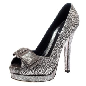 Fendi Silver Textured Fabric Bow Peep Toe Pumps Size 37