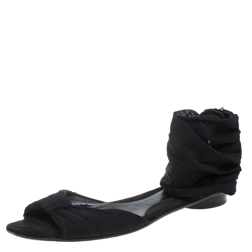 luxury-women-fendi-used-shoes-p384507-002 Fendi Black Mesh and Suede Bow Open Toe Flat Sandals Size 38.5