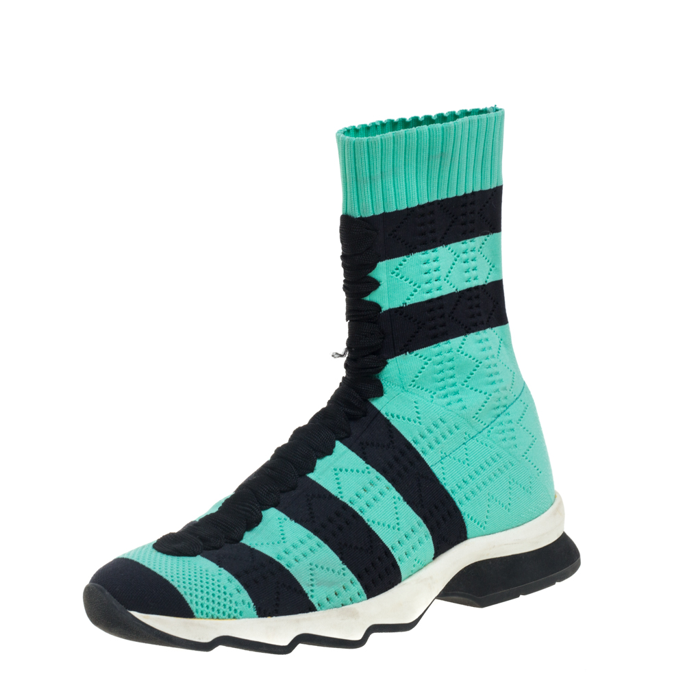 luxury-women-fendi-used-shoes-p389831-009 Fendi Green/Black Knit Fabric Striped Sock Sneakers Size 36
