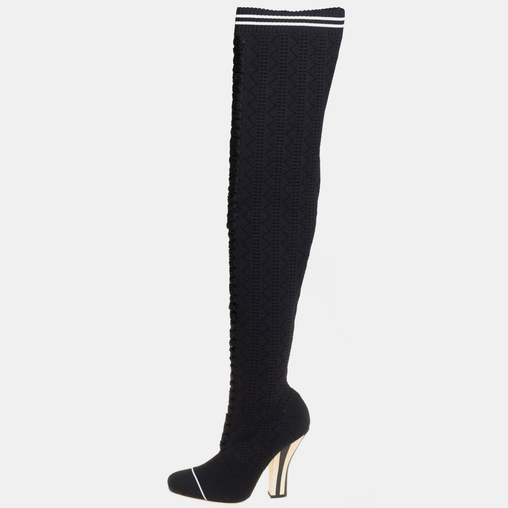luxury-women-fendi-used-shoes-p427340-013 Fendi Black Knit Fabric Over the Knee Boots Size 39