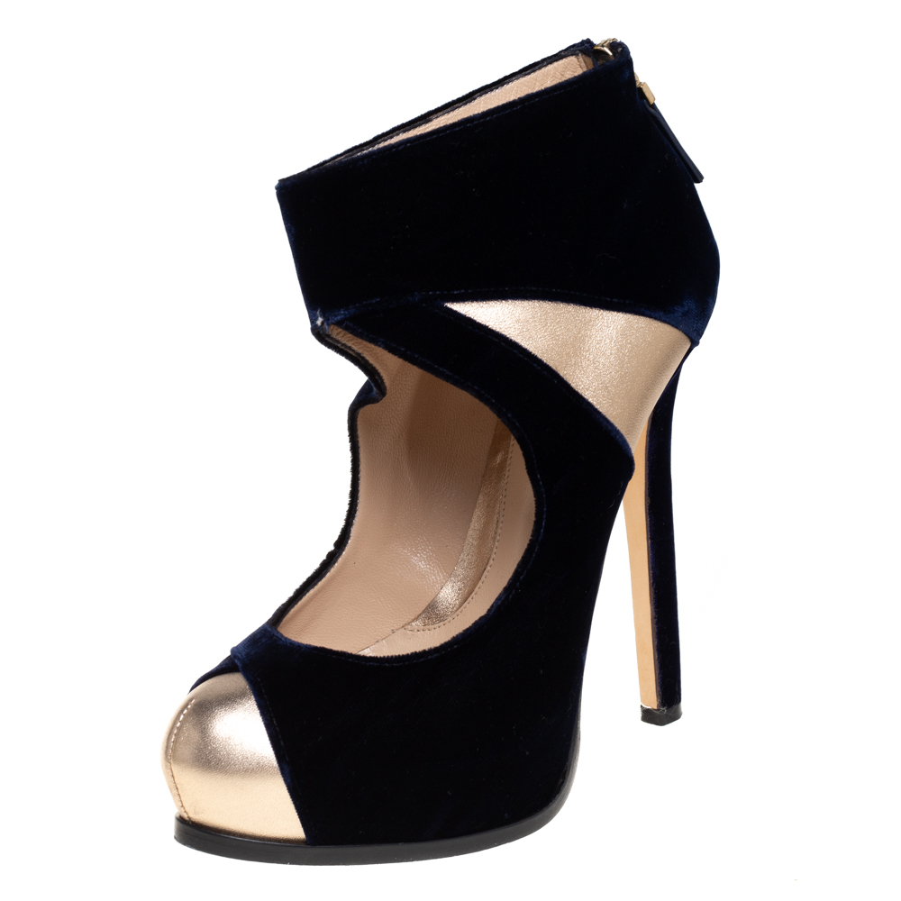 luxury-women-fendi-used-shoes-p429322-006 Fendi Blue/Gold Leather And Velvet Ankle Booties Size 38.5