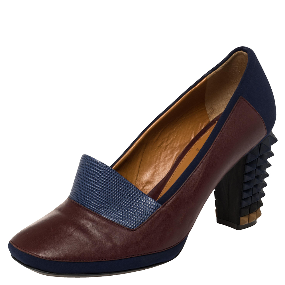 luxury-women-fendi-used-shoes-p434001-003 Fendi Brown/Blue Lizard Embossed Leather and Fabric Polifonia Court Studded Heel Pumps Size 39