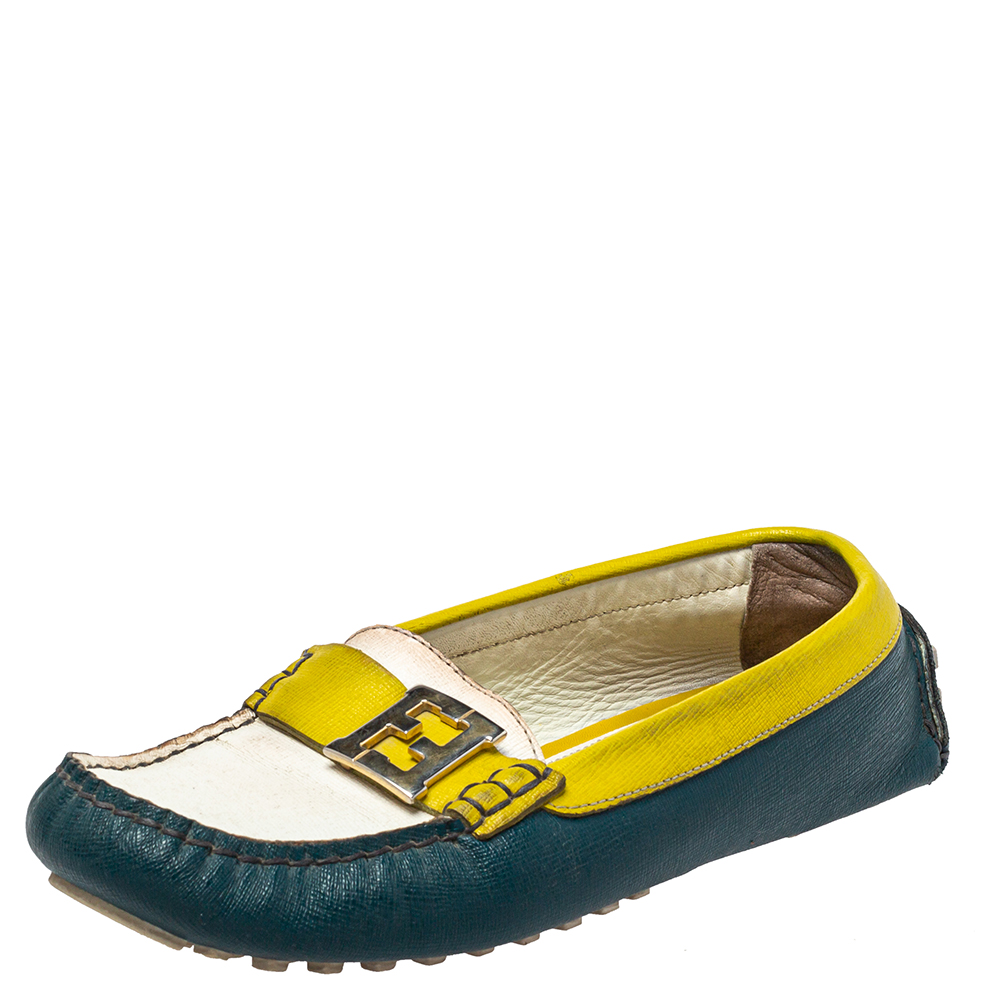luxury-women-fendi-used-shoes-p454308-004 Fendi Multicolor Leather Slip On FF Logo Loafers Size 36