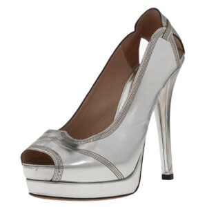 Fendi Silver Patent Leather Peep Toe  Pumps Size 38.5