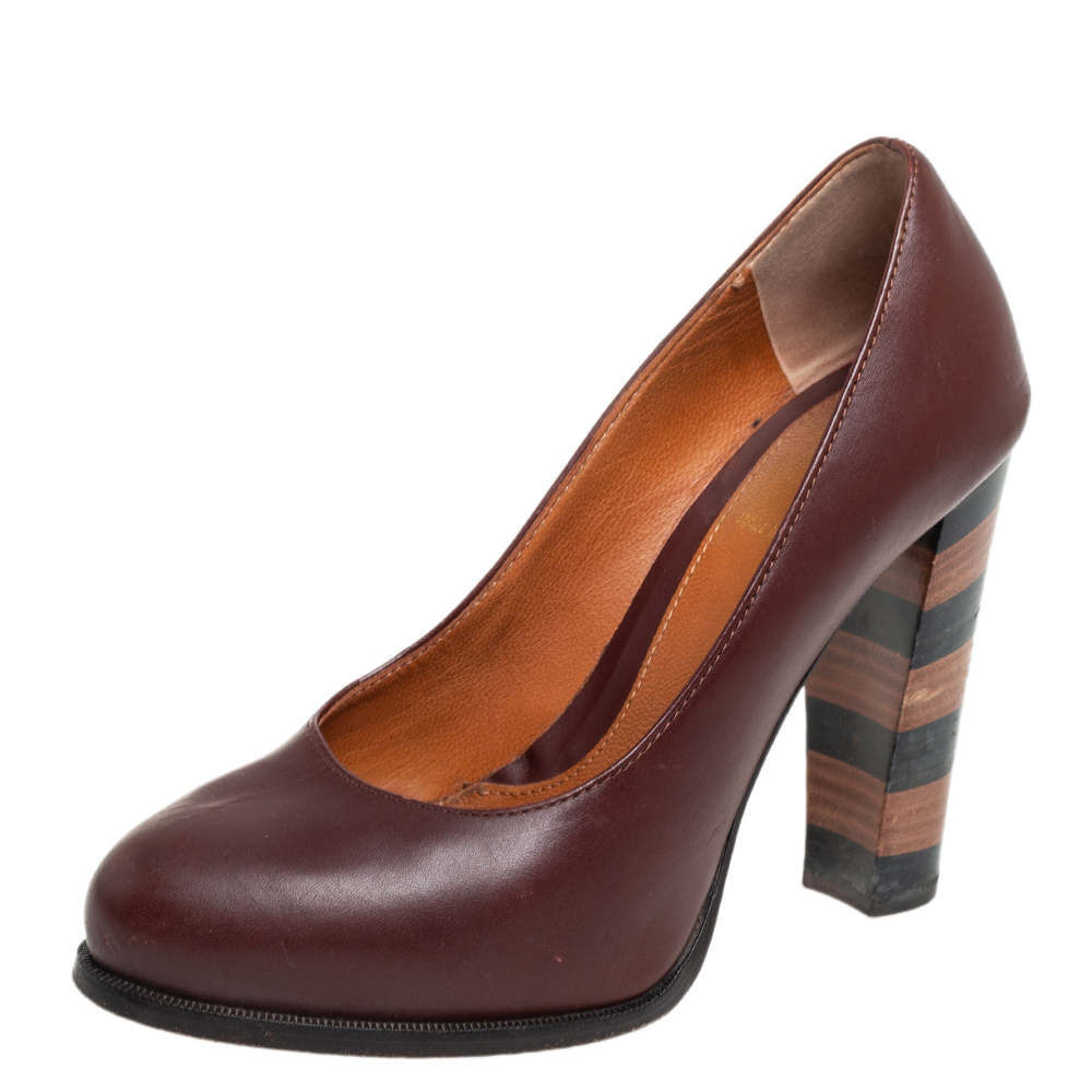 luxury-women-fendi-used-shoes-p461258-002 Fendi Burgundy Leather Pequin Block Heel Pumps Size 35