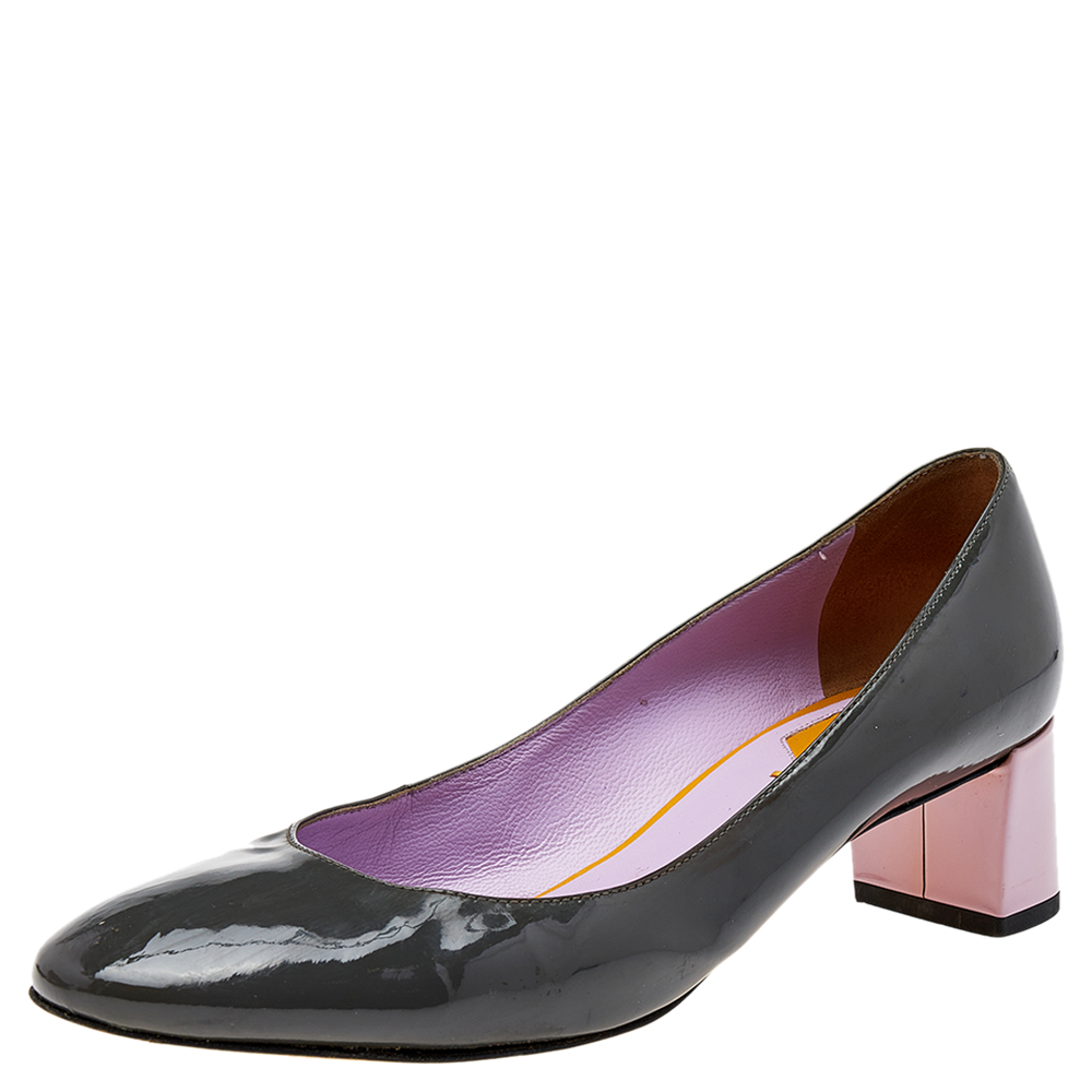 luxury-women-fendi-used-shoes-p499937-003 Fendi Grey/Purple Patent Leather Block Heel Pumps Size 37