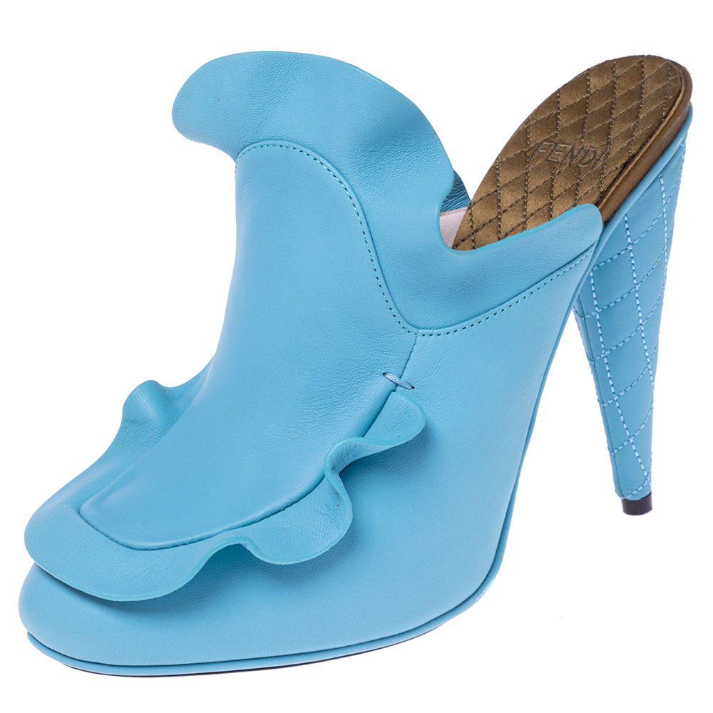 luxury-women-fendi-used-shoes-p499976-007 Fendi Blue Leather Stocking Heel Mule Sandals Size 37