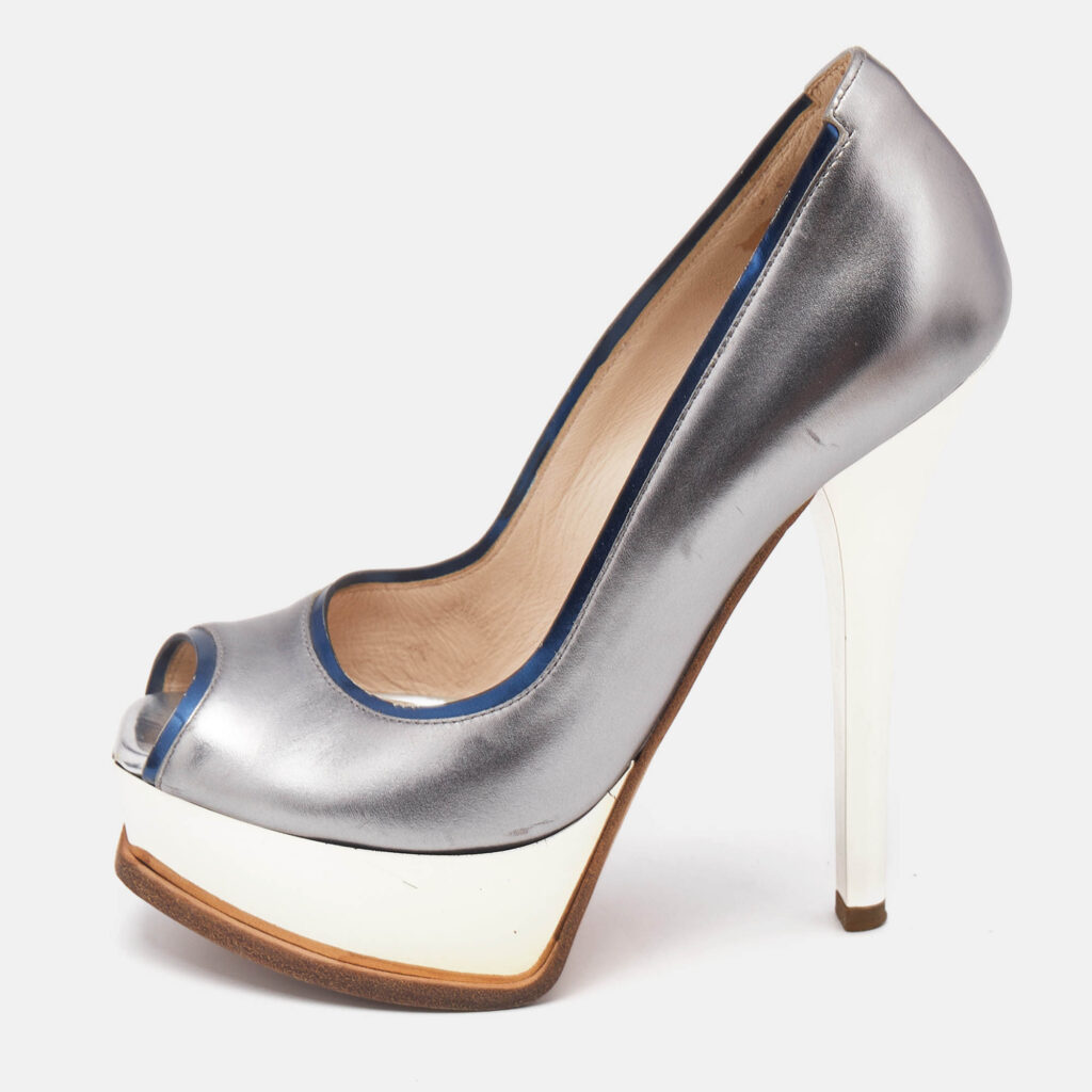 luxury-women-fendi-used-shoes-p507929-012-2 Fendi Silver/Blue Leather Fendista Peep Toe Pumps Size 35