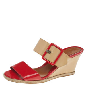 Fendi Orange-Beige Patent Leather Buckle Strap Wedge Espadrille Sandals Size 39