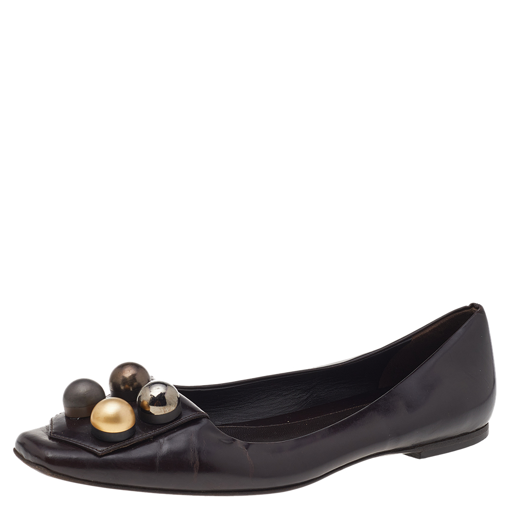 luxury-women-fendi-used-shoes-p515334-002-2 Fendi Dark Brown Leather Embellished Ballet Flats Size 39