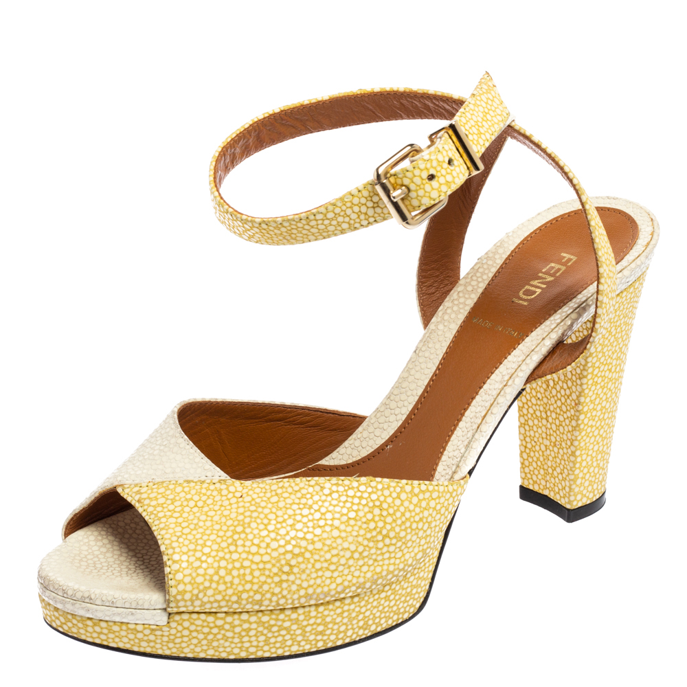 luxury-women-fendi-used-shoes-p520775-004-2 Fendi White/Yellow Stingray Embossed Leather Ankle Strap Platform Sandals Size 38.5